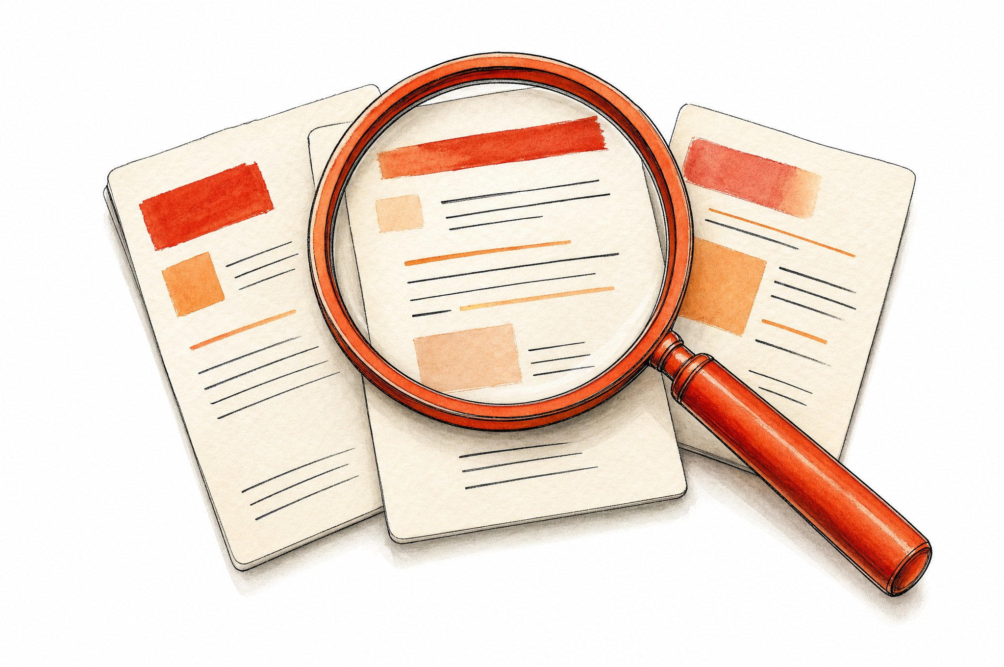 Editorial illustration of a magnifying glass and comparison notes